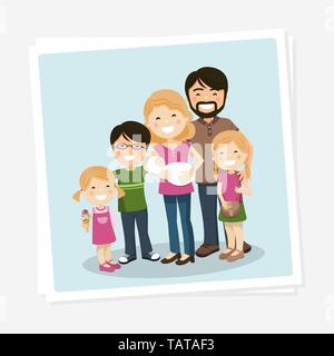 Felice foto di famiglia con i genitori e tre bambini e babyborn. Persone illustrazione vettoriale Illustrazione Vettoriale