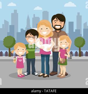 La famiglia felice con i genitori, con tre bambini e babyborn in una città. Persone illustrazione vettoriale Illustrazione Vettoriale