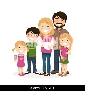 La famiglia felice con i genitori, con tre bambini e babyborn. Persone isolate illustrazione vettoriale Illustrazione Vettoriale