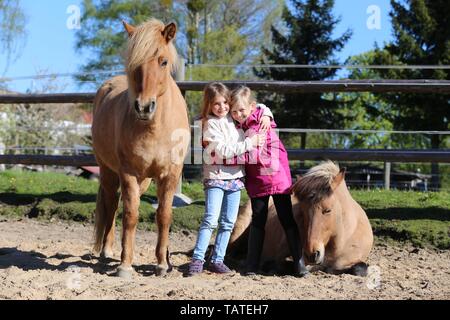 Le ragazze e i cavalli islandesi Foto Stock
