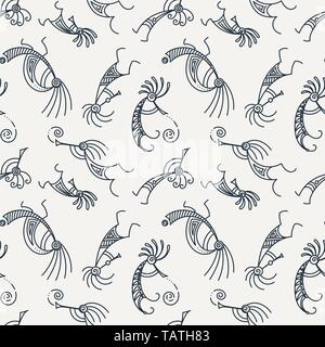 Disegnata a mano Kokopelli seamless pattern. Stilizzata personaggi mitici suonando i flauti. Arte vettoriale per la stampa. design, carte, i bambini e i libri da colorare, Illustrazione Vettoriale