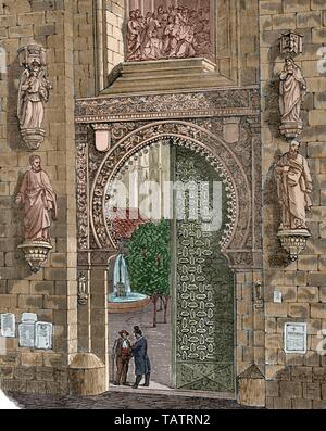 España. Andalucía. Sevilla. Catedral. Puerta del Perdón (siglo XII) que da acceso al Patio de los Naranjos, antiguo patio de abluciones de la mezquita. Dibujo por Letre. Grabado por Sierra. Coloreado. Crónica General de España, Historia Ilustrada y Descriptiva de sus Provincias. Andalucía, 1867. Foto Stock