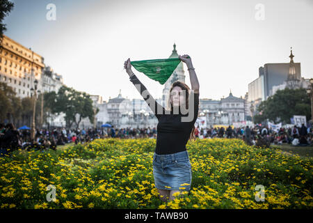 Buenos Aires, Argentina. 28 Maggio, 2019. Nel corso di una manifestazione per la legalizzazione dell aborto prima del congresso, un avvocato di aborto sorregge un panno verde che simboleggiano l aborto diritti movimento in Argentina. I legislatori hanno annunciato che presenteranno una legge che legalizzare gli aborti fino a 14 settimane. Credito: Nicolas Villalobos/dpa/Alamy Live News Foto Stock