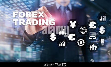 Forex trading currency exchange business finance diagrammi dollar euro icone sullo sfondo sfocato. Foto Stock