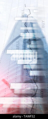 Panorama verticale Banner. Financial stock trading grafico schema grafico della finanza aziendale concetto doppia esposizione media misti. Foto Stock