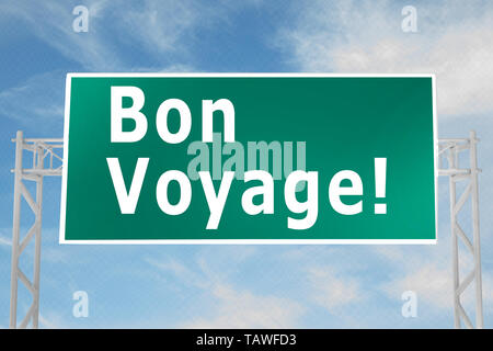 3D illustrazione di Bon voyage! Script sul cartello stradale Foto Stock