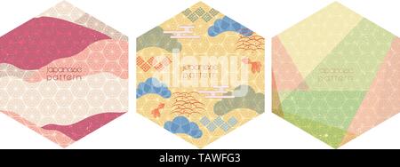 Icona giapponese vettore in forma esagonale. Disegno geometrico con texture grunge. Illustrazione Vettoriale