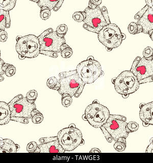 Orsacchiotto di peluche con cuore patch sagomate, disegnati a mano doodle sketch, seamless pattern design morbido su sfondo giallo Foto Stock