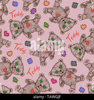 Orsacchiotto di peluche con colorate a forma di cuore ad patch, disegnati a mano doodle sketch, perfetta design pattern su morbido marrone-sfondo rosa Foto Stock