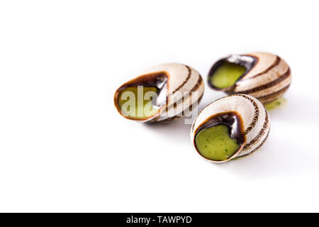 Escargots de Bourgogne isolati su sfondo bianco Foto Stock