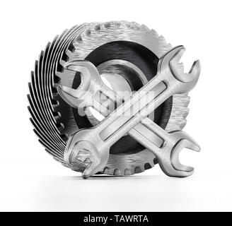 Ruota dentata e chiavi isolati su sfondo bianco. 3D'illustrazione. Foto Stock
