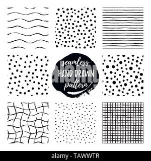 Set di otto mano tracciare il motivo bianco e nero. Vector texture seamless pattern a punti, pois, griglia, strisce e le onde. Elegante design del vettore Illustrazione Vettoriale