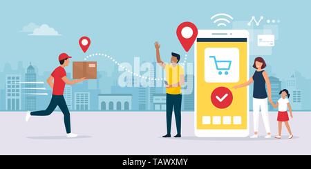 Erogazione del servizio di app: uomo offrendo una scatola di cartone per una felice famiglia allegra in piedi accanto a loro smartphone, lo shopping online e la logistica conce Illustrazione Vettoriale