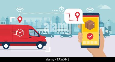 Consegna rapida service app sullo smartphone: van offrendo una casella e uomo monitorare un ordine utilizzando il suo smartphone, strada di città in background, logistica Illustrazione Vettoriale