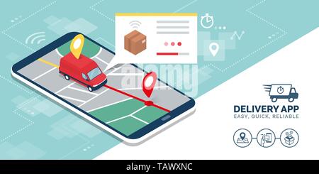 Consegna rapida service app: van isometrica offrendo una casella e tracciamento degli ordini su uno smartphone, logistica e il concetto di tecnologia Illustrazione Vettoriale