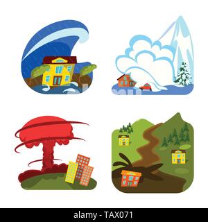 Illustrazione Vettoriale del cataclisma e segno di emergenza. Set di cataclysm e apocalisse stock illustrazione vettoriale. Illustrazione Vettoriale