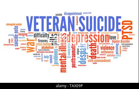 Veterano suicidio - PTSD concetto. Parola segno cloud. Foto Stock