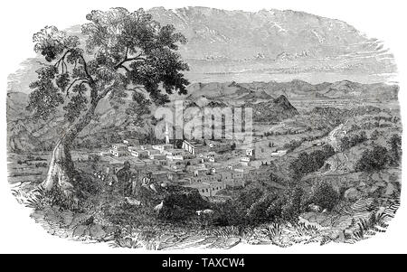 Vista romantica della città di Nazaret della Galilea, Israele, incisione storica del XIX secolo, romantische Stadtansicht von Nazaret oder Nazareth, Galiläa, Israele, historischer Stich aus dem 19. Jahrhundert Foto Stock