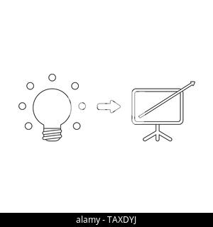 Icona vettore concetto di lampadina con grafico delle vendite freccia nello spostamento verso l'alto. Contorni neri. Illustrazione Vettoriale