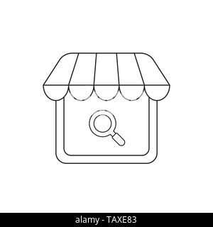Icona vettore concetto di negozio con lente di ingrandimento. Contorni neri. Illustrazione Vettoriale