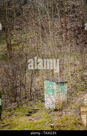 Il vecchio gabinetto rurale fatta di mattoni dalla foresta Foto Stock