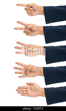 Percorso di clipping Gruppo di mani e imprenditori del braccio di indossare tute di gesti di puntamento tenere premuto il dito. Il numero uno due tre quattro cinque isolati in backgr bianco Foto Stock