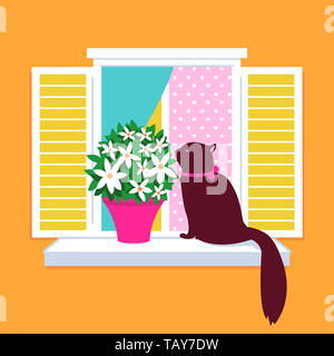Un gatto seduto su un davanzale accanto a un vaso di fiori e profumati fiori in primavera. Foto Stock