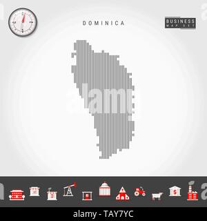 Vettore di linee verticali modello mappa della Dominica. In striping semplice silhouette della Dominica. Vettore realistico Bussola. Infografico Business icone. Illustrazione Vettoriale