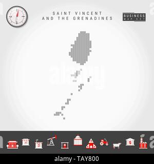 Vettore di linee verticali modello mappa di Saint Vincent e Grenadine. In striping semplice Silhouette. Vettore realistico Bussola. Infografico Business icone Illustrazione Vettoriale