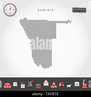 Vettore di linee verticali modello mappa della Namibia. In striping semplice silhouette della Namibia. Vettore realistico Bussola. Infografico Business icone. Illustrazione Vettoriale