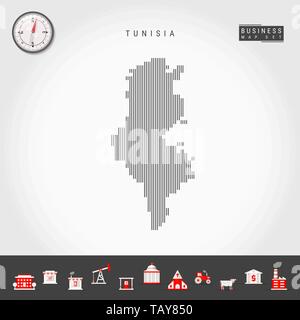 Vettore di linee verticali modello mappa della Tunisia. In striping semplice silhouette della Tunisia. Vettore realistico Bussola. Infografico Business icone. Illustrazione Vettoriale