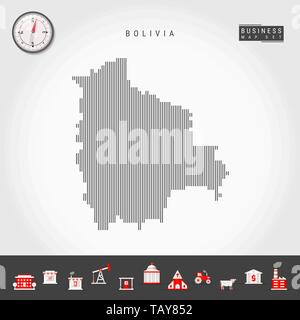 Vettore di linee verticali Mappa di pattern della Bolivia. In striping semplice silhouette della Bolivia. Vettore realistico Bussola. Infografico Business icone. Illustrazione Vettoriale