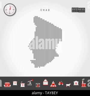 Vettore di linee verticali Modello Mappa del Ciad. In striping semplice silhouette del Ciad. Vettore realistico Bussola. Infografico Business icone. Illustrazione Vettoriale