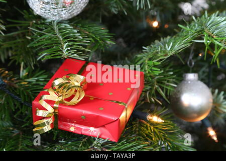 Il regalo al l'albero di Natale Foto Stock