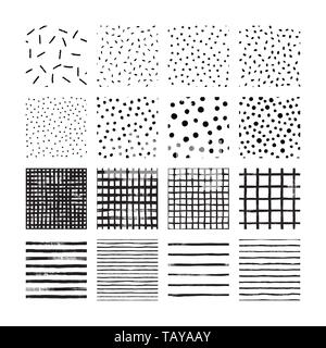 Set di grandi dimensioni di mano disegnare il modello a spazzola bianco e nero. Vector texture seamless pattern a punti, pois, griglia, strisce e le onde. Illustrazione Vettoriale