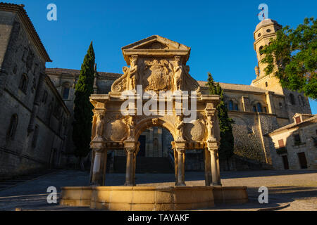 Catedral de la Natividad de Nuestra Señora. Lo stile rinascimentale Cattedrale e fontana di Santa Maria. Baeza, provincia di Jaén. southern Andalusia. Spagna e Foto Stock