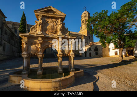 Catedral de la Natividad de Nuestra Señora. Lo stile rinascimentale Cattedrale e fontana di Santa Maria. Baeza, provincia di Jaén. southern Andalusia. Spagna e Foto Stock