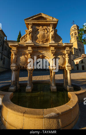 Catedral de la Natividad de Nuestra Señora. Lo stile rinascimentale Cattedrale e fontana di Santa Maria. Baeza, provincia di Jaén. southern Andalusia. Spagna e Foto Stock