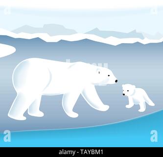 Illustrazione Vettoriale. Orso polare e il suo cucciolo su ghiaccio. Illustrazione Vettoriale