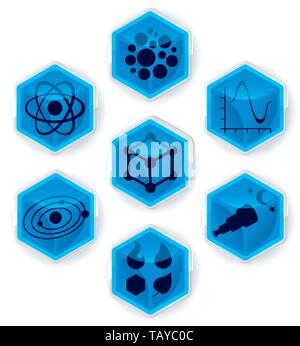 Set di icone della scienza su esagoni. Illustrazione Vettoriale eps10. Illustrazione Vettoriale