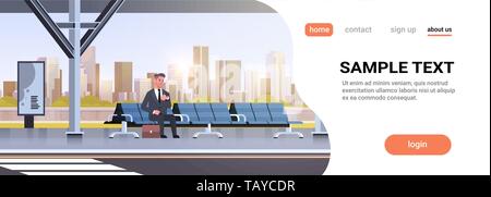 Imprenditore moderno salotto fermata bus uomo d affari con la valigia in attesa del trasporto pubblico su airport station cityscape sfondo orizzontale piana pieno Illustrazione Vettoriale