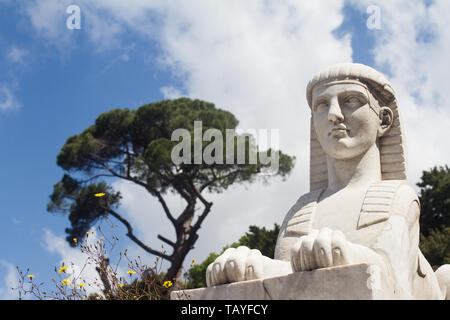 Vista frontale closeup di marmo bianco statua di pietra sphynx in ambiente esterno con struttura ad albero e cielo blu in background Foto Stock