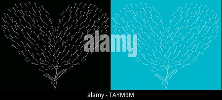 Dente di leone nero in stile doodle vola nella forma di un grande cuore. In bianco e nero disegno. Il contorno del fiore. Per la stampa Illustrazione Vettoriale