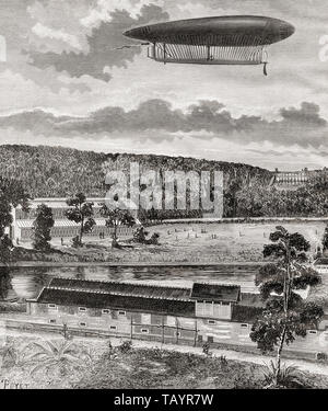 Renard e' Krebs alimentazione elettrica dirigibile dirigibile, Le Francia, lanciato nel 1884. Da La Ilustracion Iberica, pubblicato nel 1884. Foto Stock