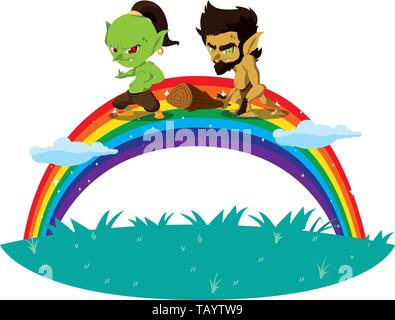 Brutto troll con caveman gnome e rainbow illustrazione vettoriale design Illustrazione Vettoriale