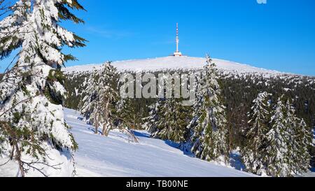 Sudetes orientale, Praded collina con torre di comunicazione in Jeseniky montagne, Repubblica Ceca Foto Stock