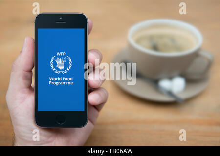 Un uomo guarda al suo iPhone che consente di visualizzare il Programma alimentare mondiale (logo solo uso editoriale). Foto Stock