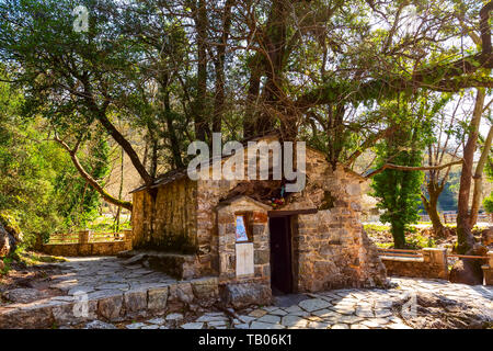 Agia Theodora di vasta miracolo chiesa nel Peloponneso, Grecia. Alberi che crescono sul tetto senza radici all'interno Foto Stock