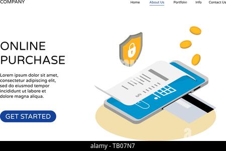 Acquisto online landing page sito web design template per il mobile marketing e l'e-commerce. Isometrica, 3d del dispositivo smartphone. Internet shopping, vendita, co Illustrazione Vettoriale