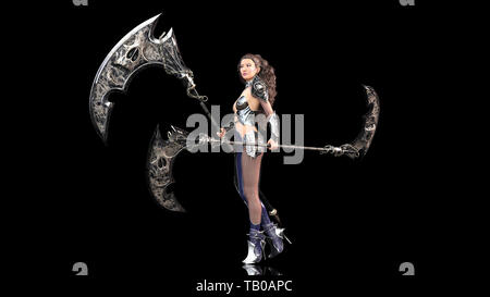 Antica warrior princess, femmina fantasy fighter in battaglia armor holding falce medievale lame, sfondo nero, rendering 3D Foto Stock